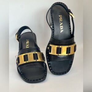 Prada - Black and Gold Chunky Heel Sandals * Stunning Design” SIZE 37 (EU)